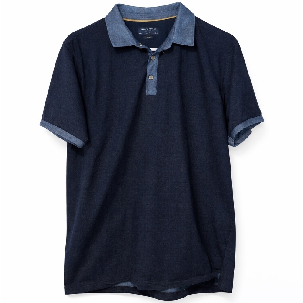 Denim & Flower by Ricky Singh Navy Blue Polo Shirt Men’s Chambray Trim XL